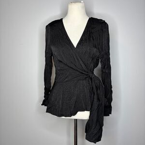 H&M- Black Blouse with Animal Print & Side Tie